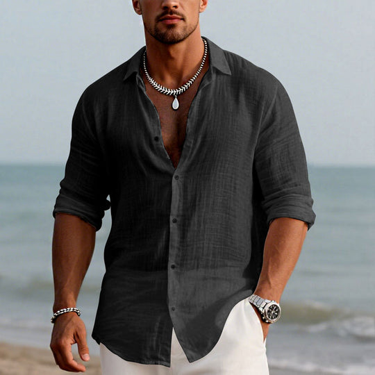 Men's Cotton and Linen Casual Solid Color Lapel Shirt 9261774962872