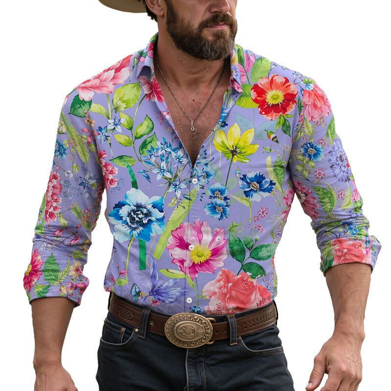 Men's Hawaiian Floral Print Long Sleeve Lapel Shirt Dtt795803320