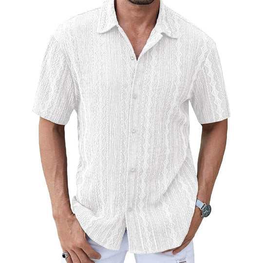 Men's Lace Short Sleeve Lapel Solid Color Shirt 9956142579896