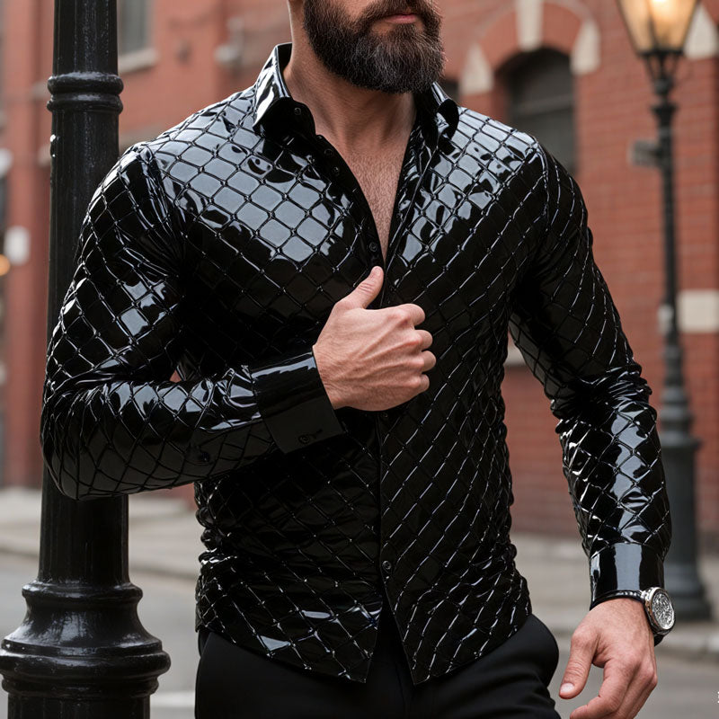 Men's Slim Fit Solid Plaid Shiny Long Sleeve Leather Shirt Dtt392403128