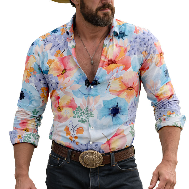 Men's Hawaiian Floral Print Long Sleeve Lapel Shirt Dtt795803320