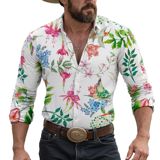 Men's Hawaiian Floral Print Long Sleeve Lapel Shirt Dtt795803320