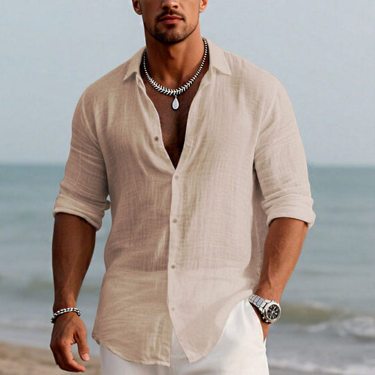 Men's Cotton and Linen Casual Solid Color Lapel Shirt 9261774962872