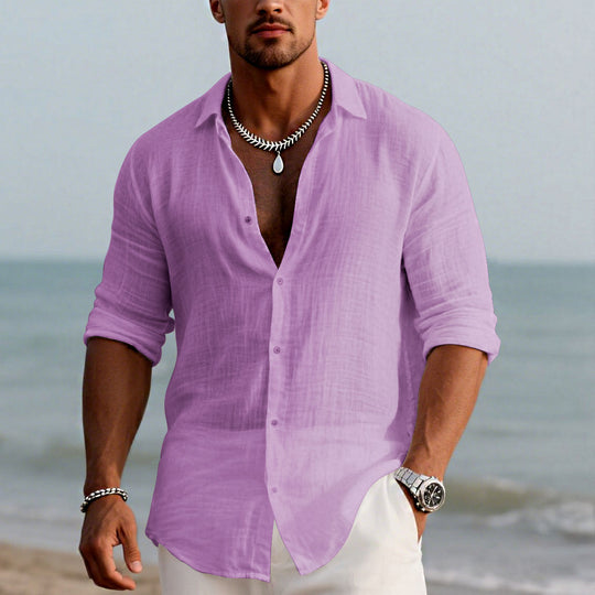 Men's Cotton and Linen Casual Solid Color Lapel Shirt 9261774962872