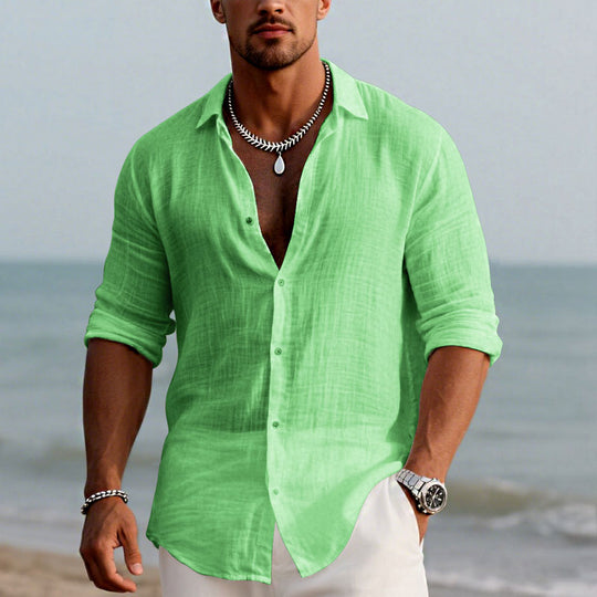 Men's Cotton and Linen Casual Solid Color Lapel Shirt 9261774962872
