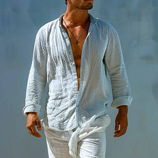 Men's Cotton and Linen Casual Stand Collar Long Sleeve Shirt 9894194708664