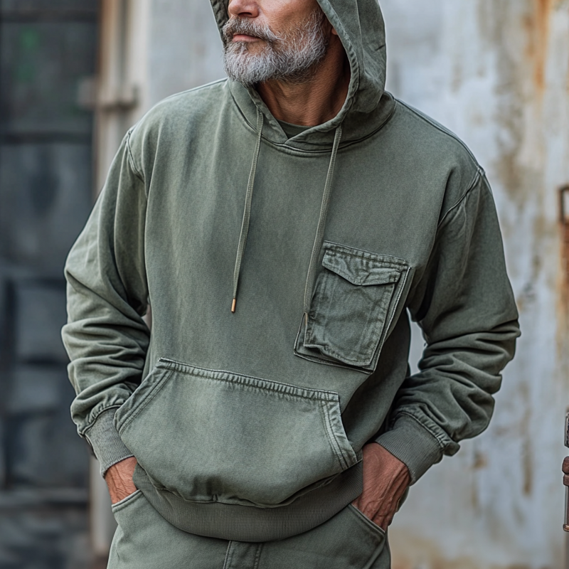 Men's Fashion Washed Long Sleeve Loose Cargo Hoodie 9907264061624