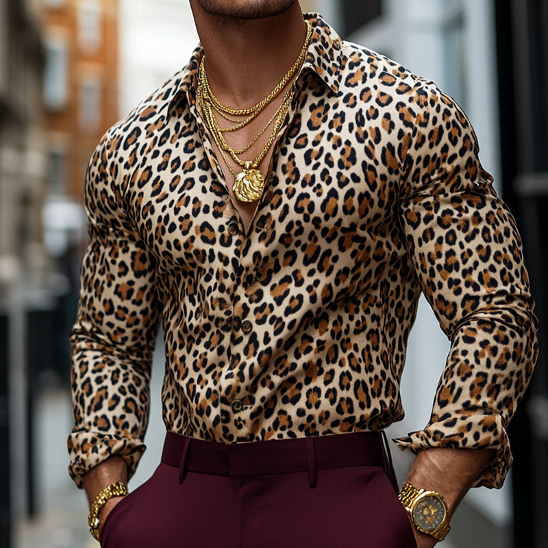 Men's Retro Casual Leopard Print Lapel Long Sleeve Shirt 9905397924024