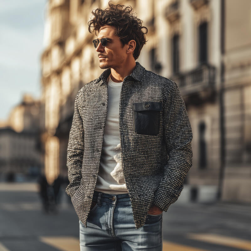 Men's Vintage Houndstooth Lapel PU Chest Pocket Loose Long Sleeve Shirt Jacket DTT25082717