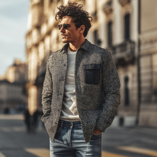 Men's Vintage Houndstooth Lapel PU Chest Pocket Loose Long Sleeve Shirt Jacket DTT25082717
