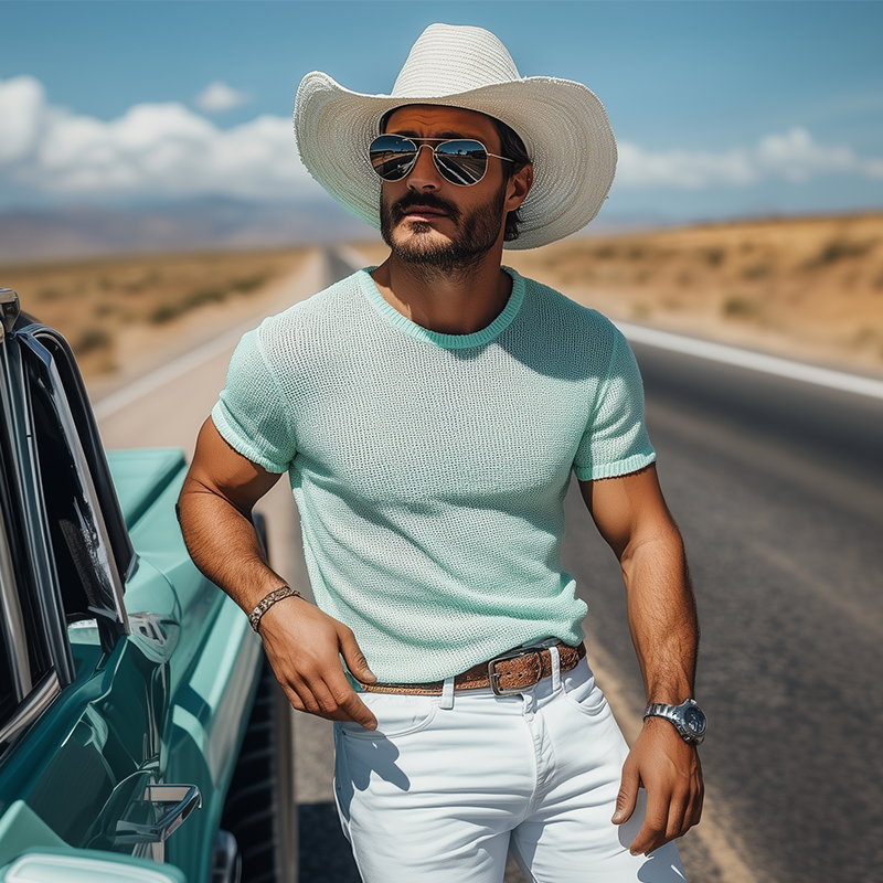 Men's Spring And Summer Fashion Casual Western Style Mint Green Slim Fit Knitted Short-sleeved T-shirt DTT25060624