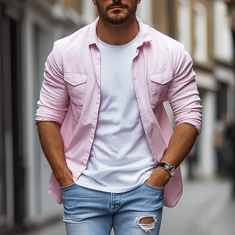 Men's Basic Solid Color Cotton Blend Long Sleeve Shirt DTT25072519