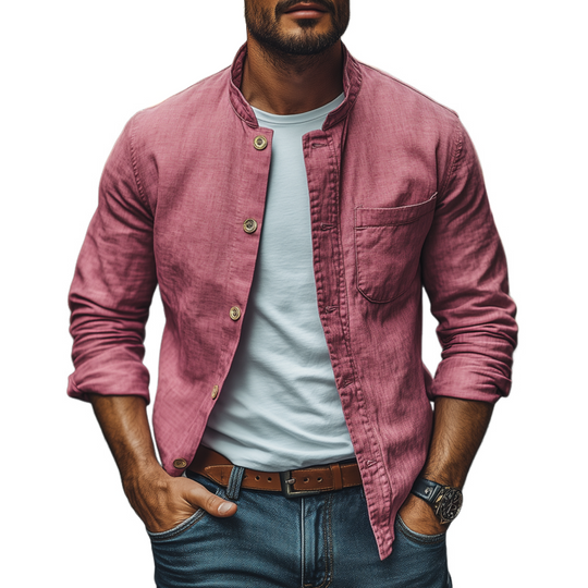Men's Casual Breathable Cotton Stand Collar Single Breasted Patch Pocket Loose Long Sleeve Shirt DTT25070412