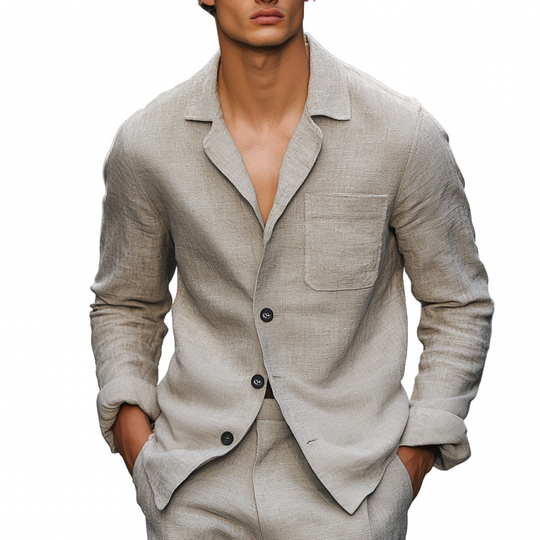 Men's Casual Breathable Linen Notched Lapel Patch Pocket Loose Long Sleeve Shirt DDT25052922