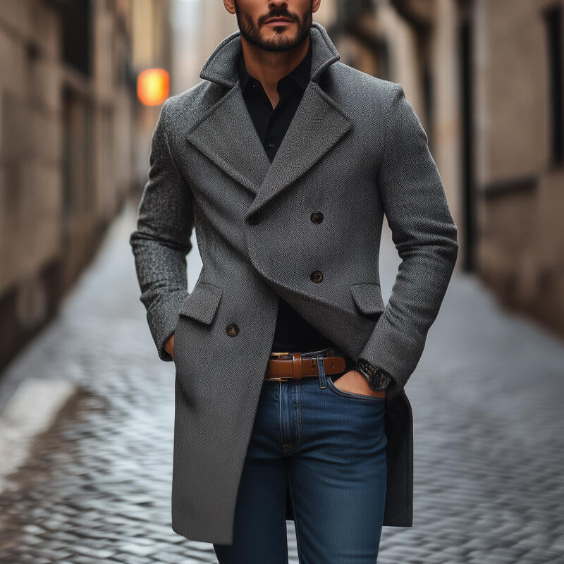 Men's Vintage Wool Blend Herringbone Pattern Notch Lapel Double-breasted Slim Fit Mid-length Coat DTT25082715
