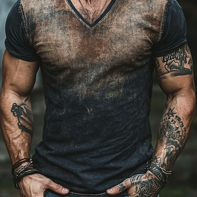 Men's Retro Gradient Print V-Neck Short Sleeve T-Shirt DTT25062508