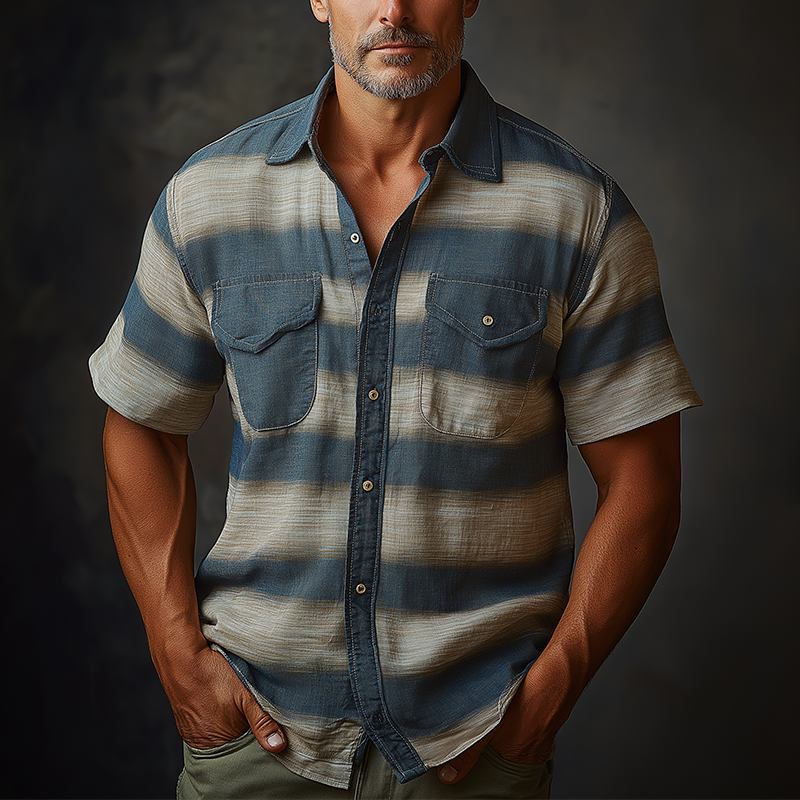 Men's Summer Fashion Stripe Printed Polyester Blend Short Sleeve Shirt DTT25061313