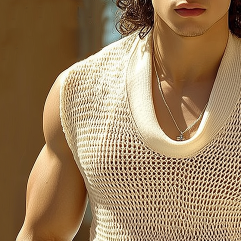 Men's Summer Basic Mesh Knitted Crew Neck Tank Top DTT25071009