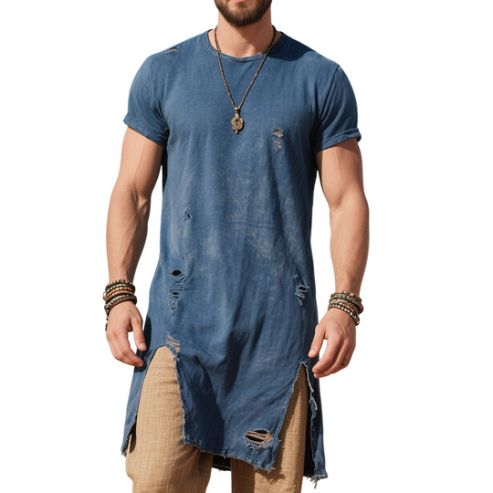 Men's Retro Casual Cotton Ripped Mid-Length Round Neck Short Sleeve T-Shirt DTT25062018