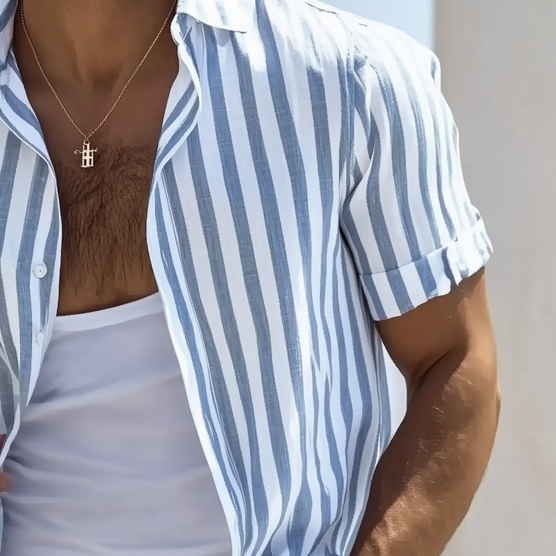Men's Cotton And Linen Striped Short-sleeved Shirt DTT25072506
