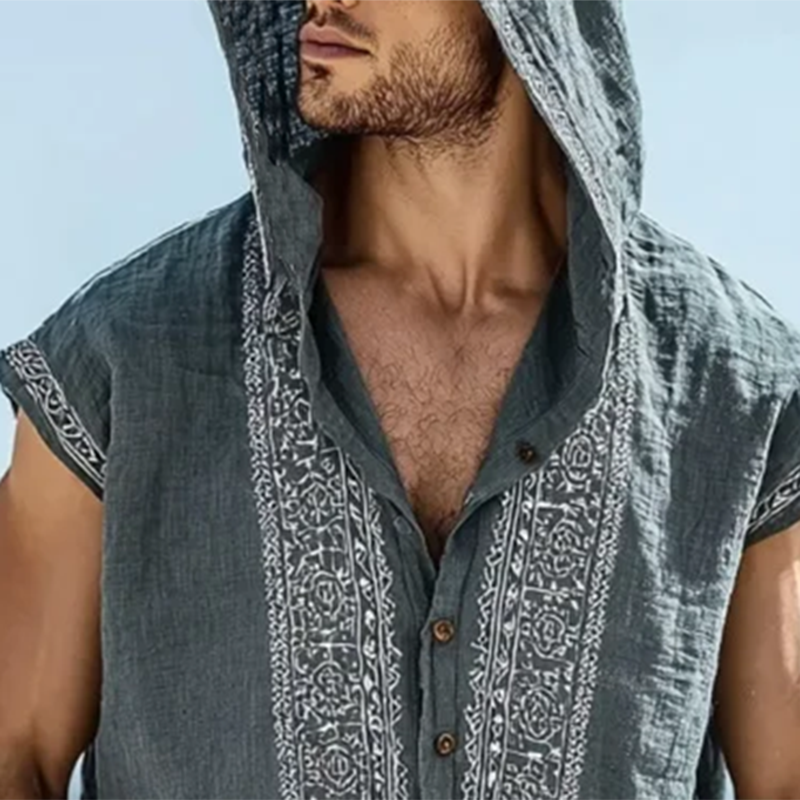 Men's Embroidered Single Breasted Hooded Sleeveless Shirt DTT25071514