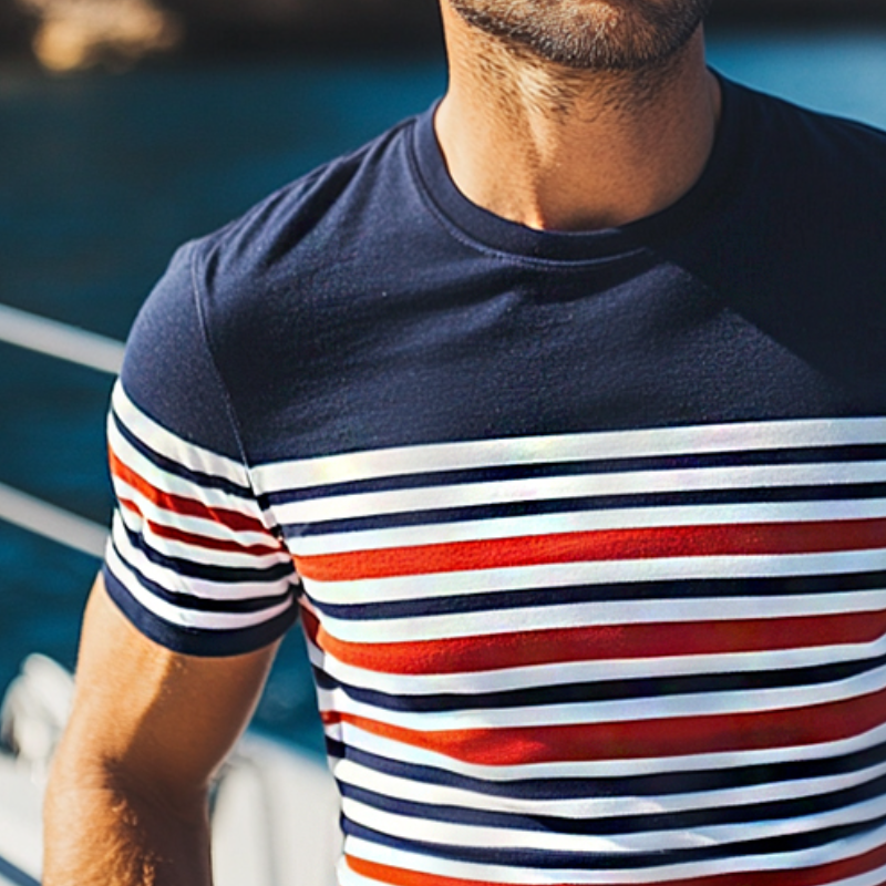 Men's Retro Casual Striped Printed Elastic Slim Round Neck Short Sleeve T-Shirt DDT25052910