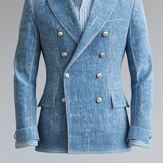 Men's Peak Lapel Metal Double Breasted Long Sleeve Denim Blazer 9917069623480