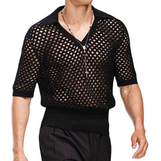 Men's Spring And Summer Fashion Hollow Sexy Knitted Short-sleeved Polo Shirt DTT25071116