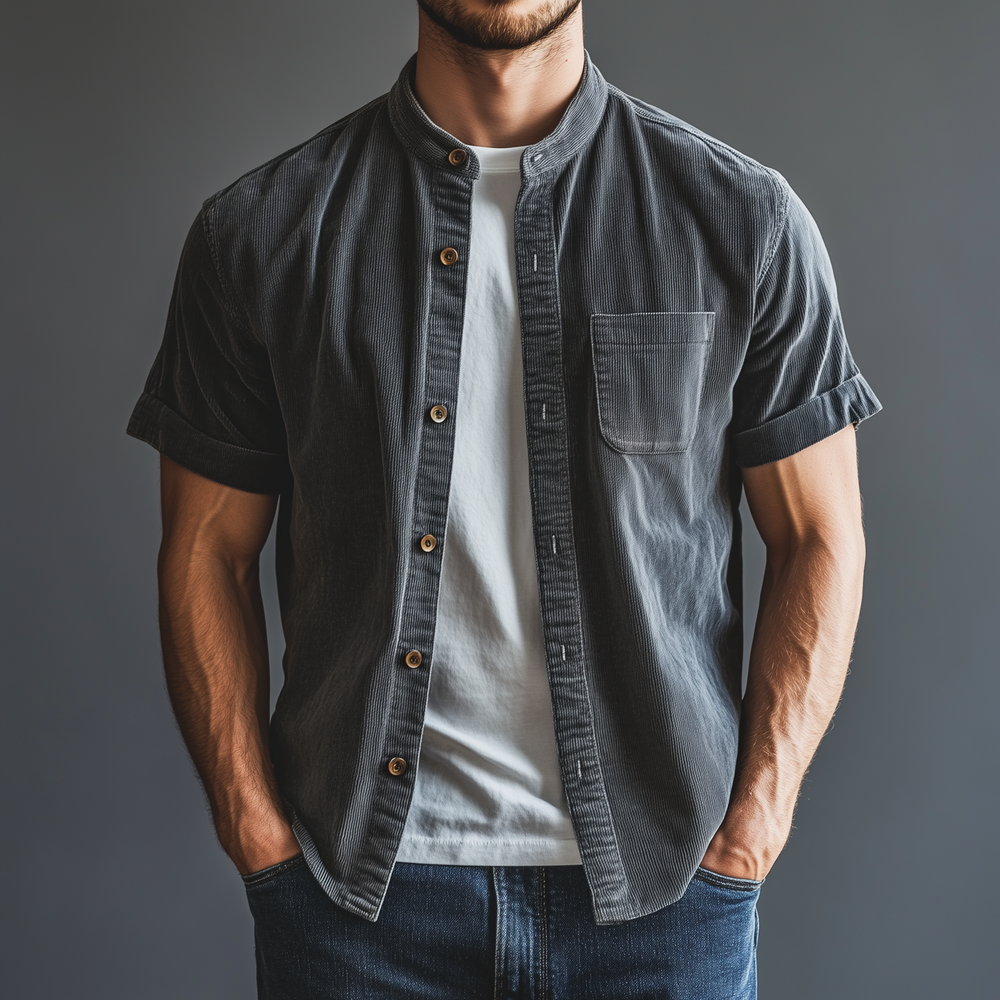 Men's Classic Casual Thin Corduroy Cuffs Roll-up Collar Short-sleeved Shirt DTT25072404