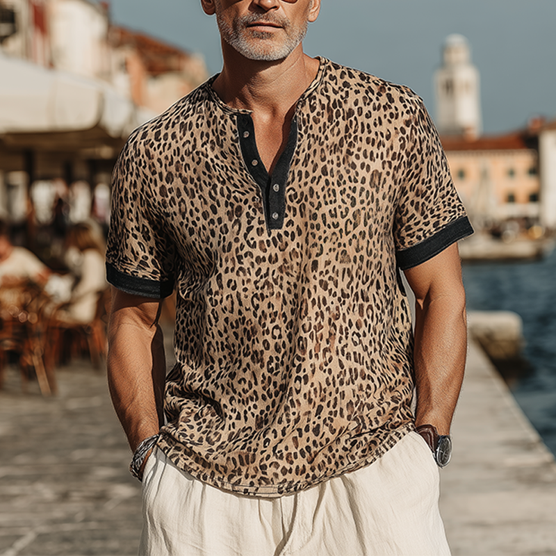 Men's Fashion Casual Cotton Blended Printed Leopard Stitching Henley Neck Short Sleeve T-Shirt DTT25071706