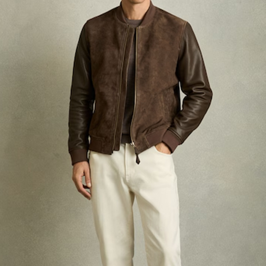 Men's Classic Casual Stand Collar Suede and Leather Jacket 9892386111672