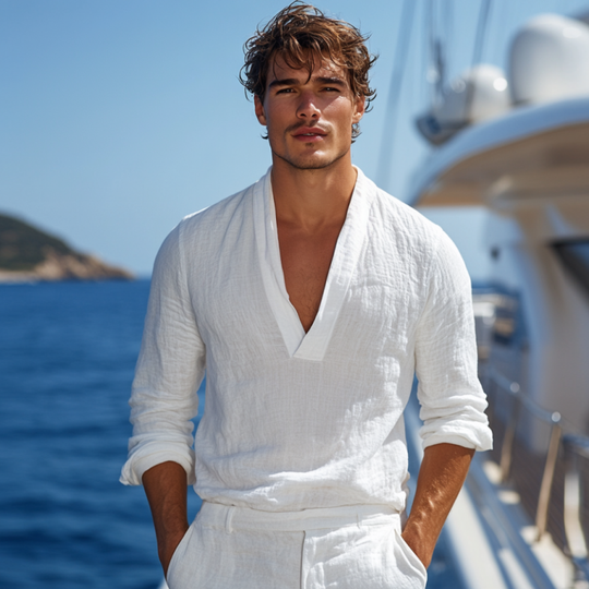 Men's Casual Solid Color Breathable Cotton And Linen Deep V-neck Loose Long-sleeved Pullover Shirt DTT25061619
