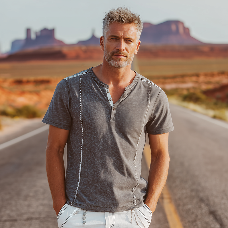 Men's Spring And Summer Fashion Cotton Blended Shoulder Decoration Rivet Henley Neck Short Sleeve T-Shirt DTT25070906