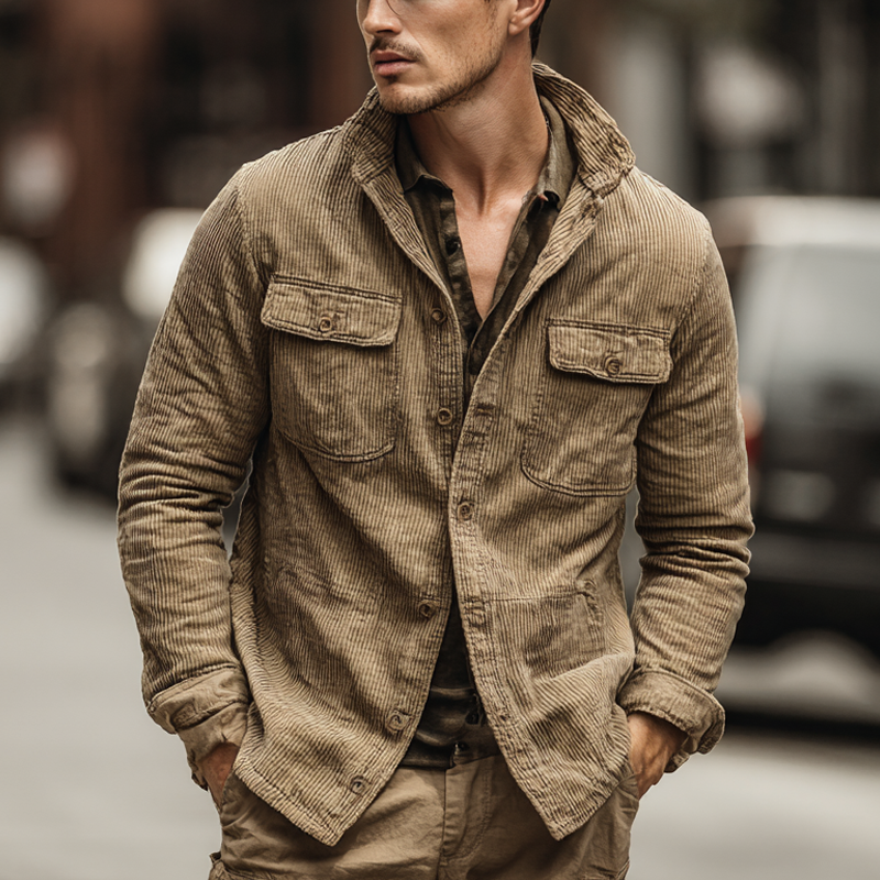 Men's Vintage Corduroy Lapel Long Sleeve Shirt DTT25081217