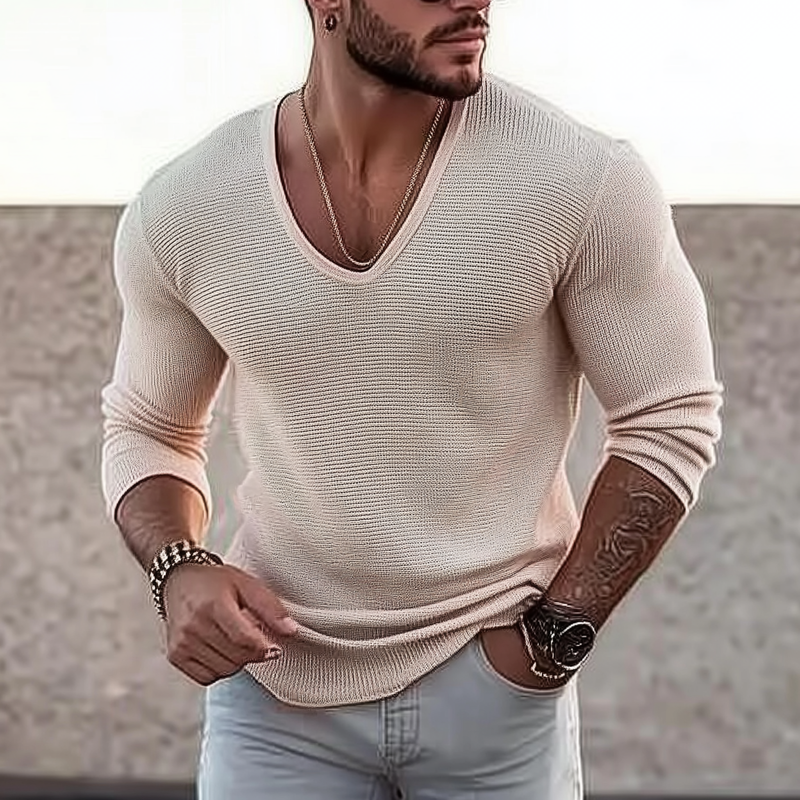 Men's Casual Solid Color U-Neck Slim Fit Long Sleeve Sweater 9899723227320