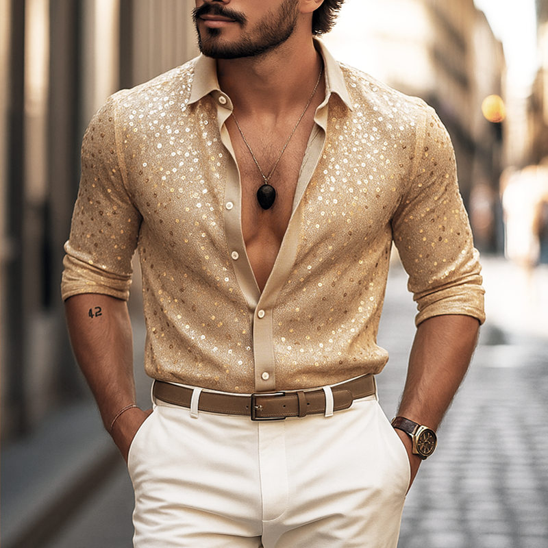 Men's Sequin Lapel Long Sleeve Shirt DTT25062410