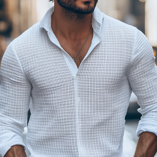 Men's Classic Casual Slim Fit Solid Color Waffle Long Sleeve Shirt 9909010104504