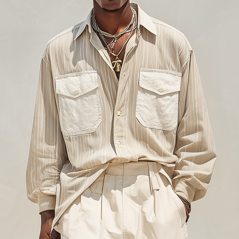 Men's Fashion Breathable Striped Textured Fabric Patchwork Lapel Chest Pocket Loose Long Sleeve Shirt DTT25070920