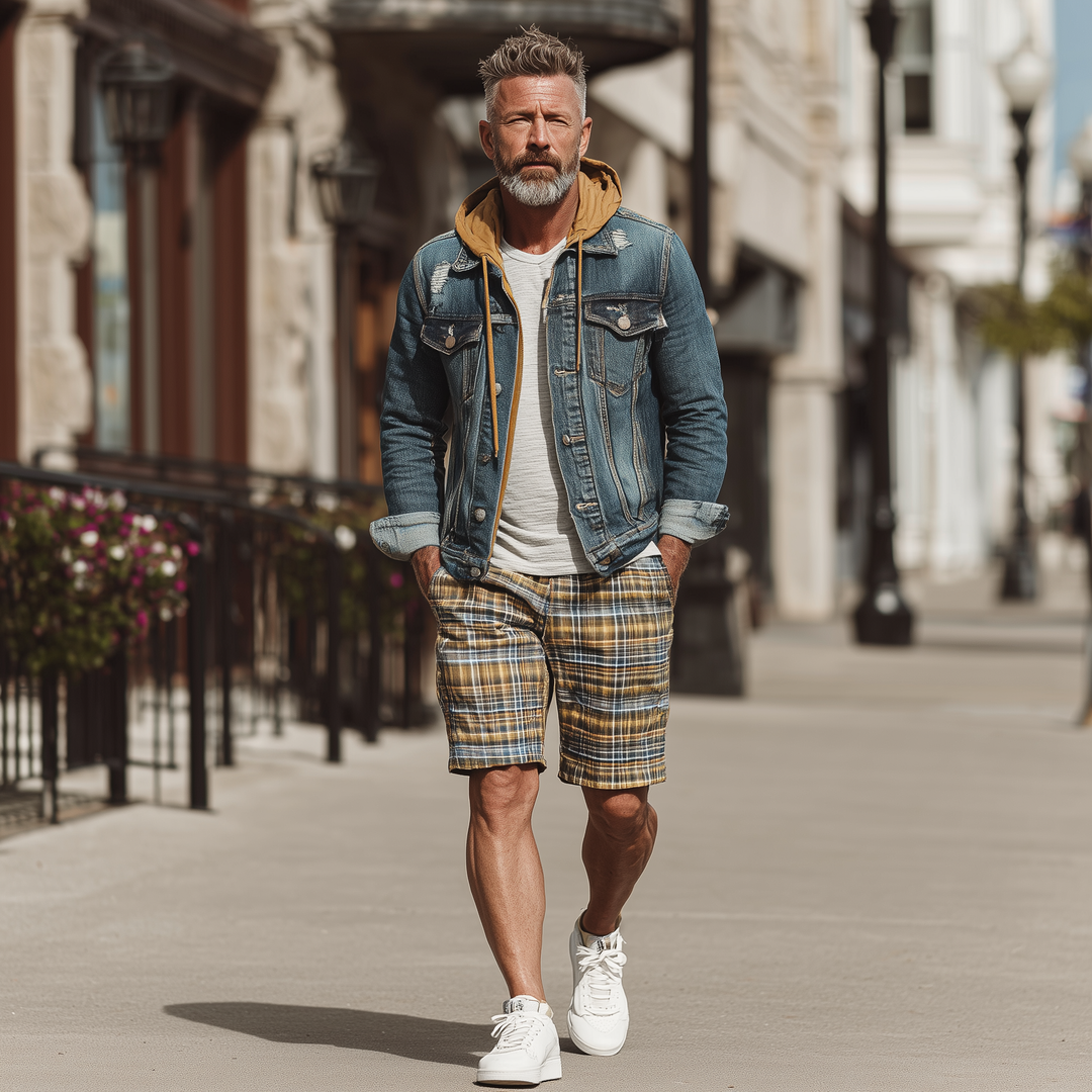 Men's Summer Cotton Blend Fashion Check Print Casual Shorts DTT25071715