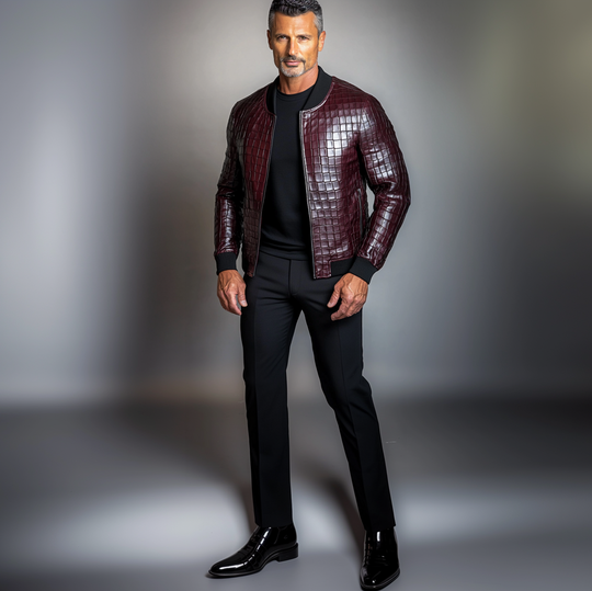 Men's PU Leather Crocodile Stand Collar Zip Up Jacket 9899606933688