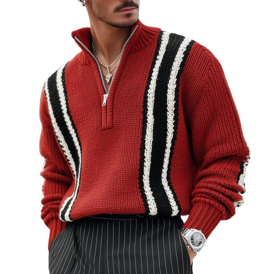 Men's Vintage Contrast Striped Breathable Knit Zipper Stand Collar Loose Pullover Sweater DTT25082908