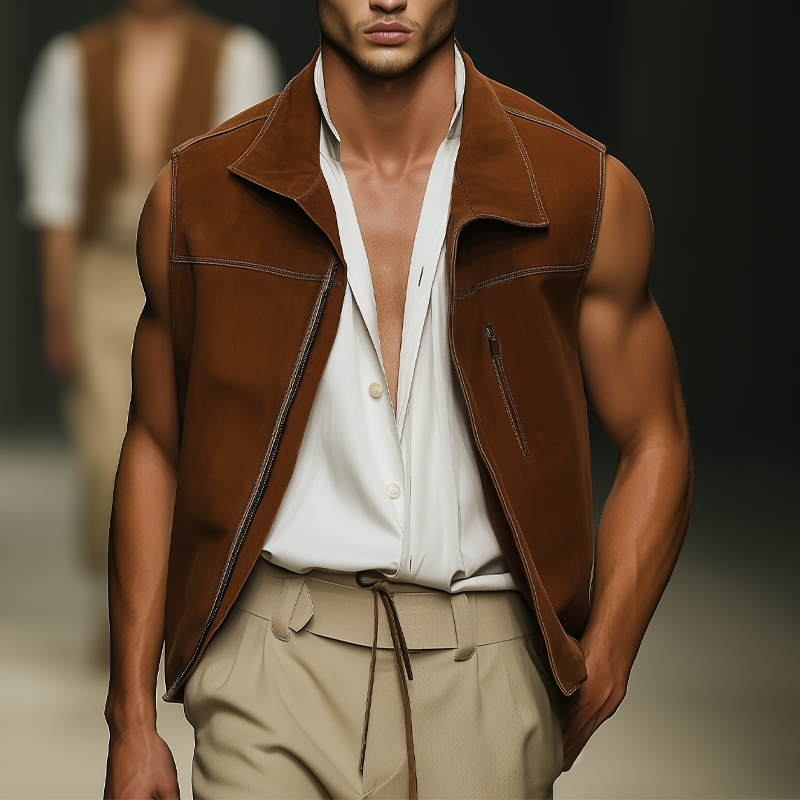 Men's Vintage Classic Suede Zip-Up Vest DTT25061710