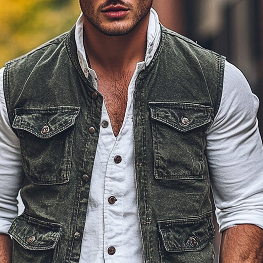 Men's Vintage Washed Round Neck Multi-Pocket Vest DDT25052815