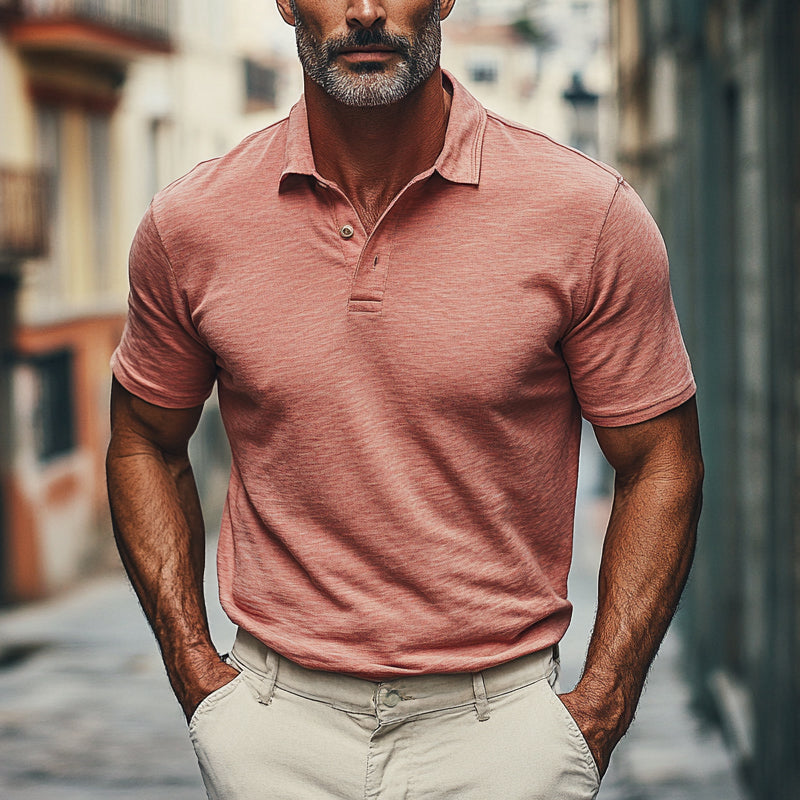 Men's Solid Color Cotton Blended Lapel Short Sleeve POLO Shirt DDT25052913