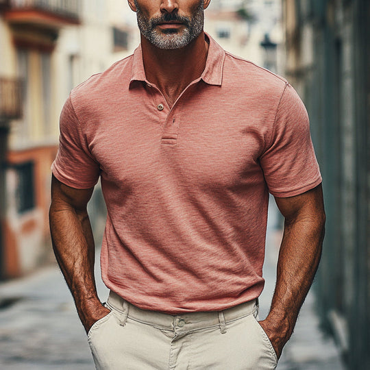 Men's Solid Color Cotton Blended Lapel Short Sleeve POLO Shirt DDT25052913