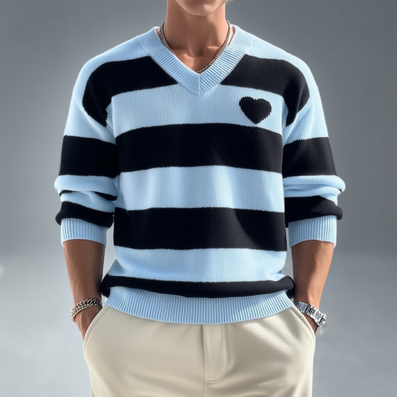 Men's Casual V-neck Contrast Striped Loose Knitted Long-sleeved Sweater DTT25080403