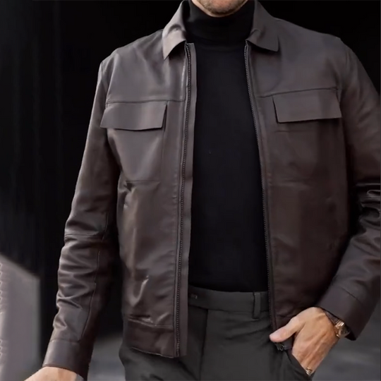 Men's Leather Polo Collar Zippered Jacket 9885797253304