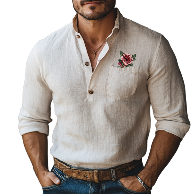 Men's Vintage Stand Collar Rose Embroidery Linen Long Sleeve Shirt 9892391747768
