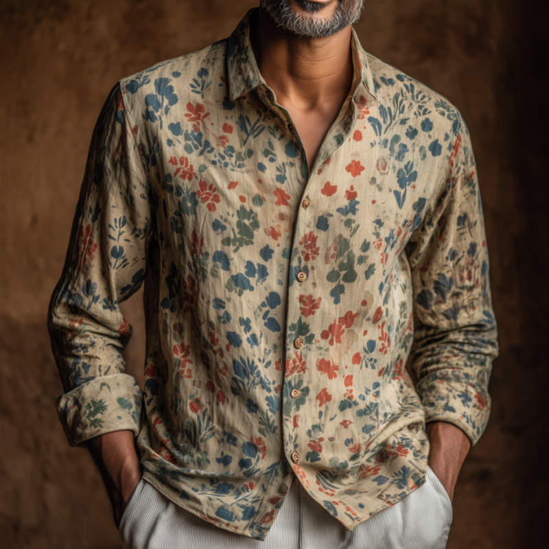 Men's Vintage Distressed Floral Print Lapel Slim Fit Long Sleeve Shirt DTT25062003