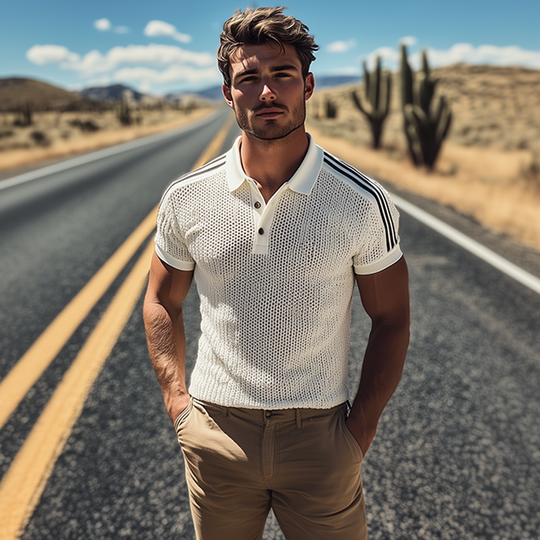 Men's Spring And Summer Fashion Casual Knitted Patchwork Striped Short-sleeved Polo Shirt DTT25070118